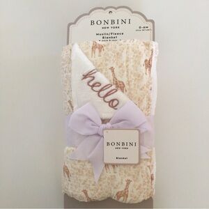 NEW Baby Blanket Muslin Fleece Soft Lining Giraffe Theme “Hello” | Bonbini